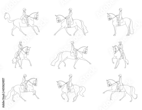 Equestrian sports, horse riders perform elements of dressage, a set for coloring book