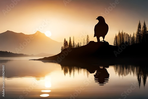 Illustration of silhouette of buzzard sitting on a dry branch against the setting sun