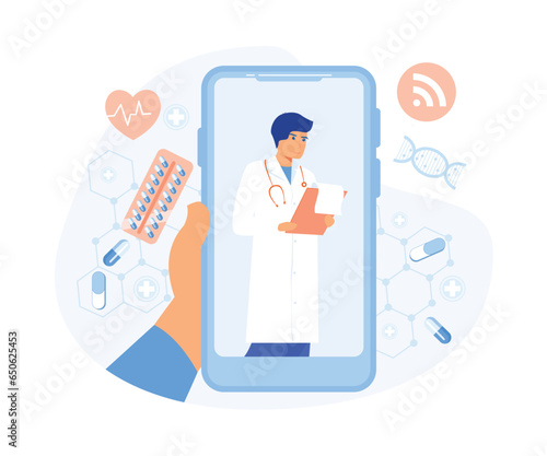 Online medicine and health care, doctor consultations and treatment using a smartphone, flat vector modern illustration