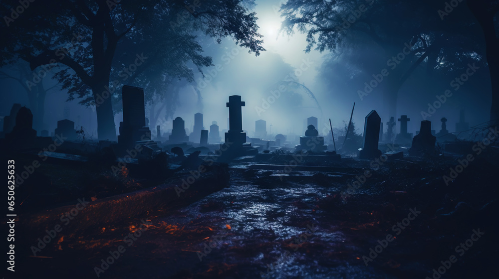 Cemetery covered with mist in the night with dark sky and moon. Halloween haunted cemetery concept.Generative AI - obrazy, fototapety, plakaty 