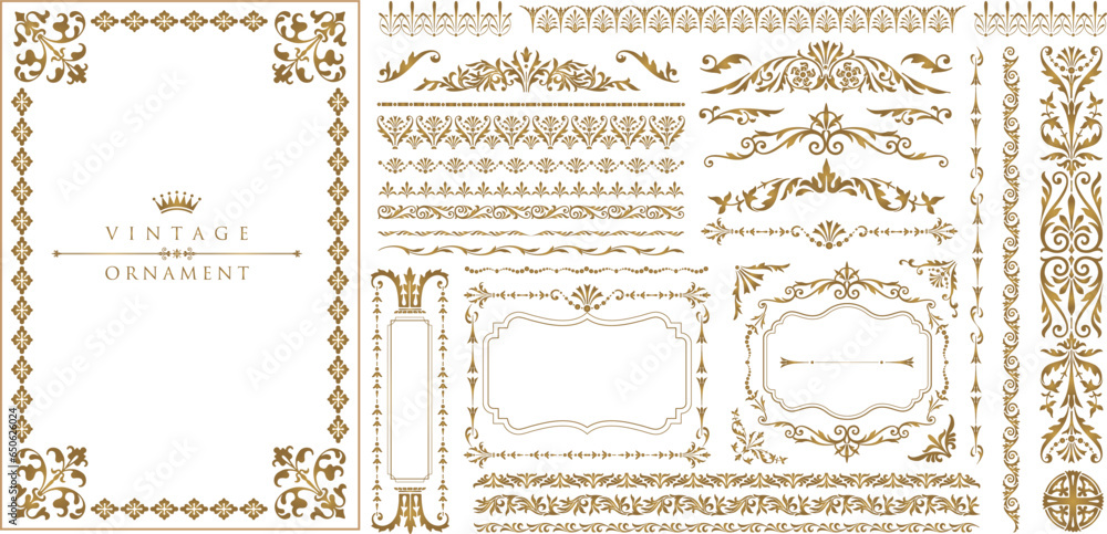 Gold vintage frames. Set of Decorative borders set, floral ornament, Vector antique decor