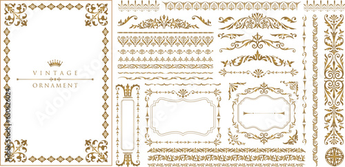 Gold vintage frames. Set of Decorative borders set, floral ornament, Vector antique decor