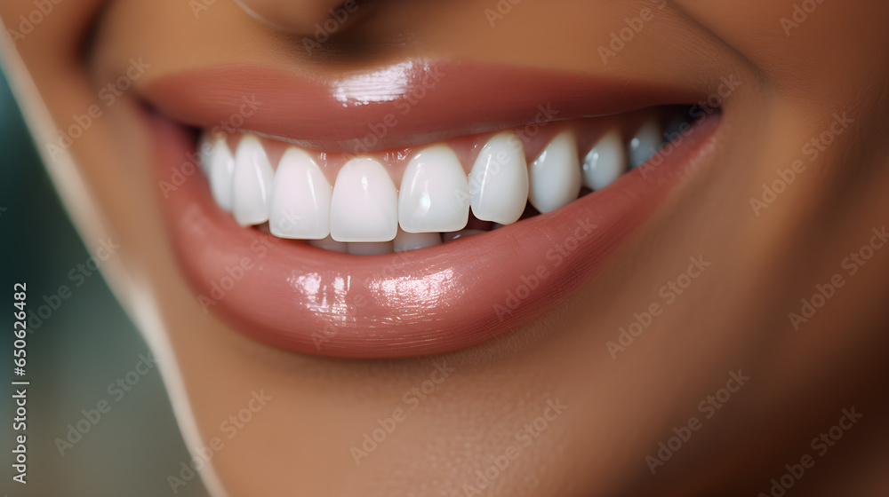 Obraz premium close up of smile with white healthy teeth. Close up cropped half face portrait of attractive, nude, natural, perfect, ideal girl with healthy white teeth