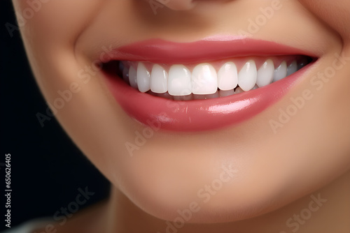 close up of smile with white healthy teeth. Close up cropped half face portrait of attractive, nude, natural, perfect, ideal girl with healthy white teeth