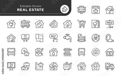 Line icon set. Real estate. Buying, selling and renting a house. Mortgages and housing loans. Vector icon pack. Web icons in outline linear style.