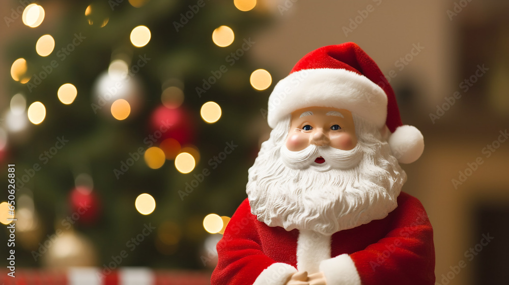 Santa Claus smiling looking kind. Black background. Holiday banner template with copy space Santa Claus smiling looking kind. Black background. Holiday banner template with copy space