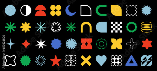 Set of brutalist abstract geometric shapes and forms. Brutal contemporary figures, stars, flowers and other primitive elements. Trendy Y2K signs and symbols.