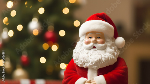 Santa Claus smiling looking kind. Black background. Holiday banner template with copy space