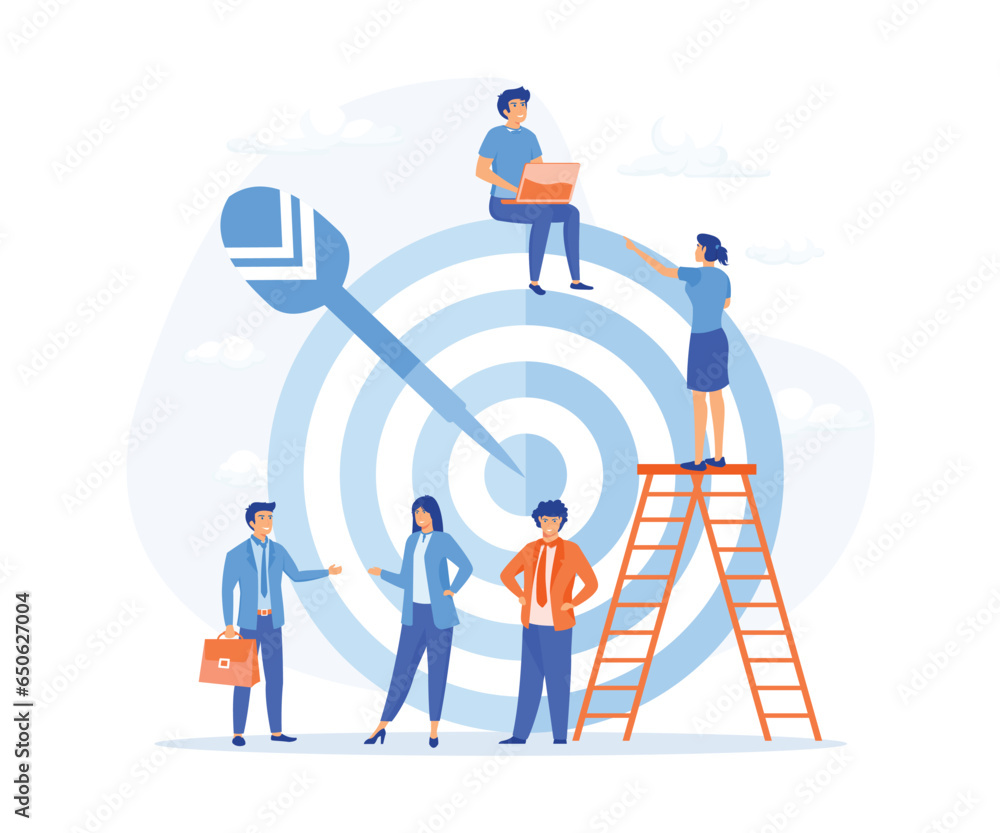 business target, Businessmen working and woman at big target with arrow. Internal marketing, company goals promotion, flat vector modern illustration business target, Businessmen working and woman at big target with arrow. Internal marketing, company goals promotion, flat vector modern illustration