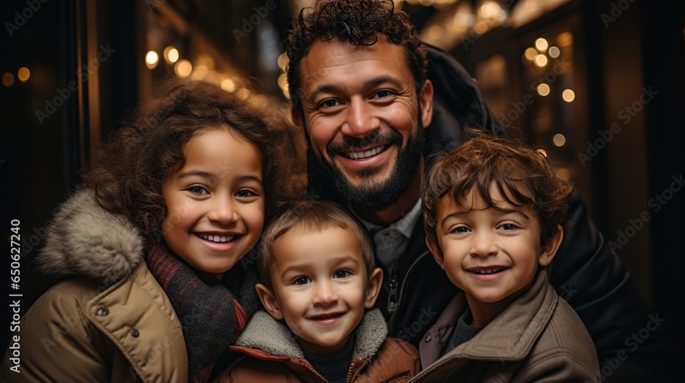 Smiling father with his children in autumn. AI Generated. Smiling father with his children in autumn. AI Generated.