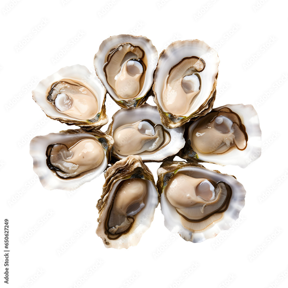 Top view of meat raw oysters isolated on a transparent white background 