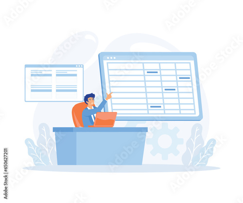 Man working with big data and databases, making analysis and report with spreadsheets on computer. flat vector modern illustration