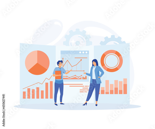 data analyst, office workers are studying the info graphic, the analysis of the evolutionary scale, flat vector modern illustration