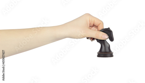 chess horse in outstretched hand isolated from background, chess game concept, chess horse move