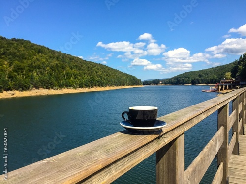 Cup of coffee placed on a wooden railing over the lake on a beautiful sunny day