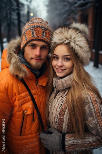 Young couple taking selfie in winter. AI Generated.