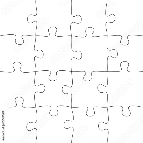 Jigsaw puzzle blank template or cutting guidelines of transparent pieces. Pieces are easy to separate (every piece is a single shape). Jigsaw puzzle transparent template. Vector illustration