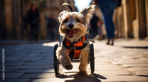 a cute dog with disabilities in a wheelchair walks down the street. Happy dog. Never give up © masyastadnikova