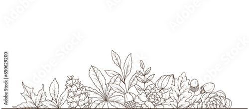Fall floral frame outline. Fall Foliage Line Art Illustration, Outline Leaves arrangement Hand Drawn Illustration. Fall Coloring Page with Leaves. Thanksgiving arrangement. Thanksgiving frame isolated