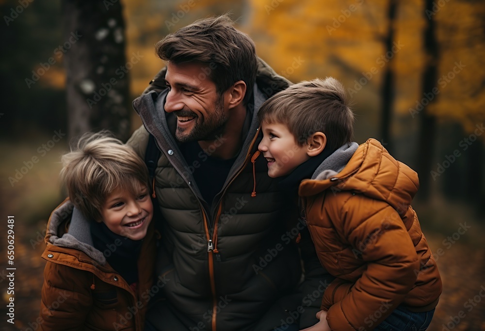 Smiling father with his children in autumn. AI Generated. Smiling father with his children in autumn. AI Generated.