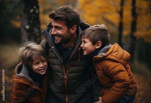 Smiling father with his children in autumn. AI Generated.