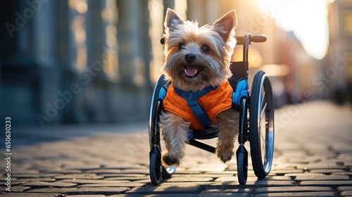 a cute dog with disabilities in a wheelchair walks down the street. Happy dog. Never give up © masyastadnikova
