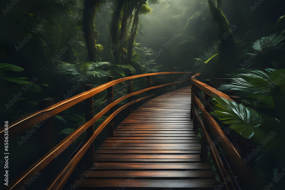 Wooden bridge in the rainy tropical forest