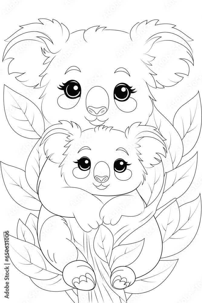 Fototapeta premium Coloring page a pair of fuzzy koalas cuddling in a tree