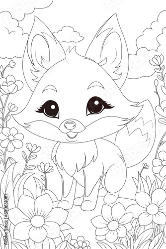 Coloring page a cute fox frolicking in a field of flowers. © Saly