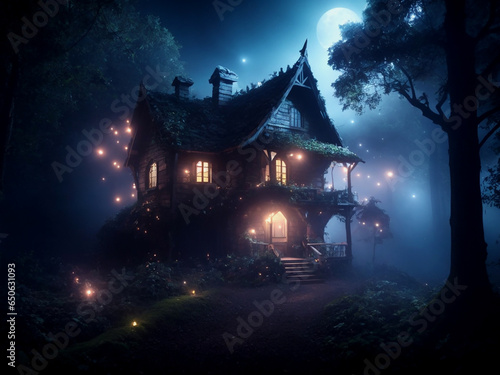moonlight in the sky, the forest at night with a house landscape background. Scary and mystic scene with fireflies, trees stones. Nighttime mysterious decoration with witch building and light window.