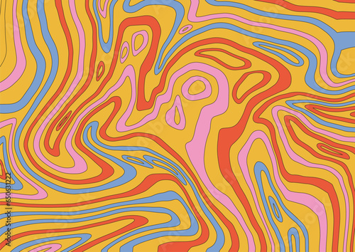 Op-art acidic retro groovy background with distorted texture in vintage pastel colors. 70s vector Concept of hallucinations and visions with thin contour lines.