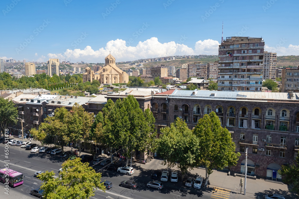 Yerevan cityscape. Summer in Armenia. Yerevan view from quadcopter. Streets of Armenia. Armenian architecture. Tour around sights of Armenia. Cathedral of St. George illuminator. Yerevan city tour