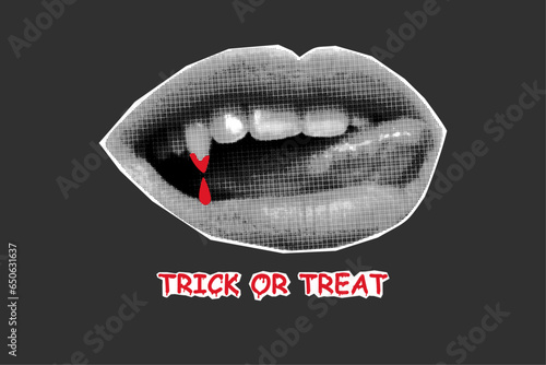 Halftone collage of a mouth with vampire fangs. Banner in trendy retro halftone style, paper cut elements, trick or treat, halloween.