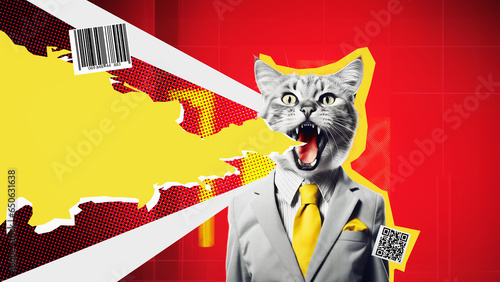 Art collage. A crazy business cat. Promotion, action, ad, job questions, discussion. Vacancy. Business concept, communication, information, news, boss, team media relations.