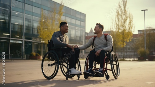 two guys in wheelchairs playing basketball