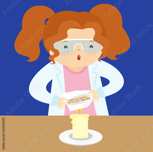 Cute little girl holding a letter with invisible ink on a burning candle. Vector illustration in cartoon style.