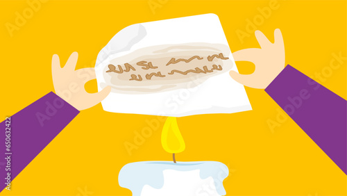 Hands holding a letter with invisible ink over a burning candle on yellow background. Vector illustration