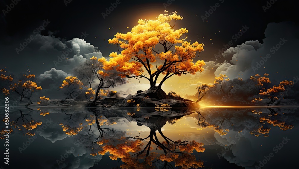 Tree is reflected behind water in an oil painting