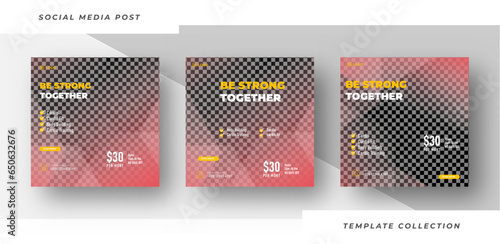 Be strong together design set for gym and fitness. Black background shape. Vector design with place for photo. Suitable for social media, flyers, banner, and web internet