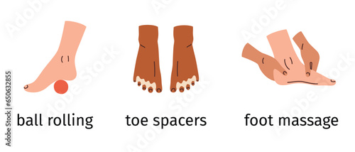 Feet exercises composition, infographic for feet health, ball rolling, toe spreaders, massage hand drawn illustration, vector arrangement with barefoot, medical brochure