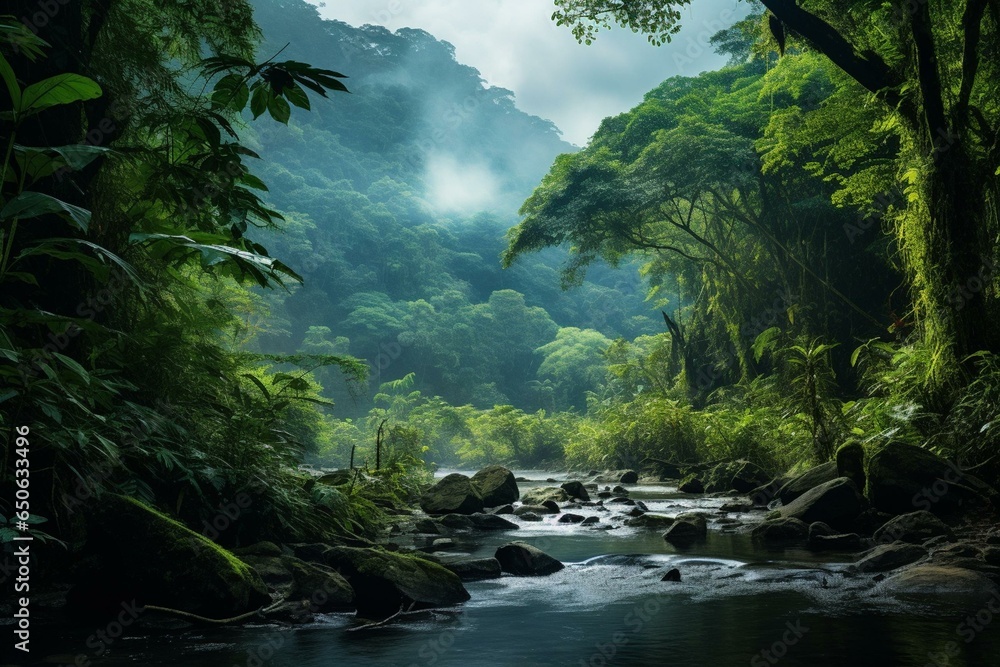 Scenic Asian rainforest scene during daytime. Generative AI - obrazy, fototapety, plakaty 