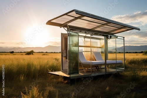 solar-powered mobile shelter in scenic landscape. Generative AI