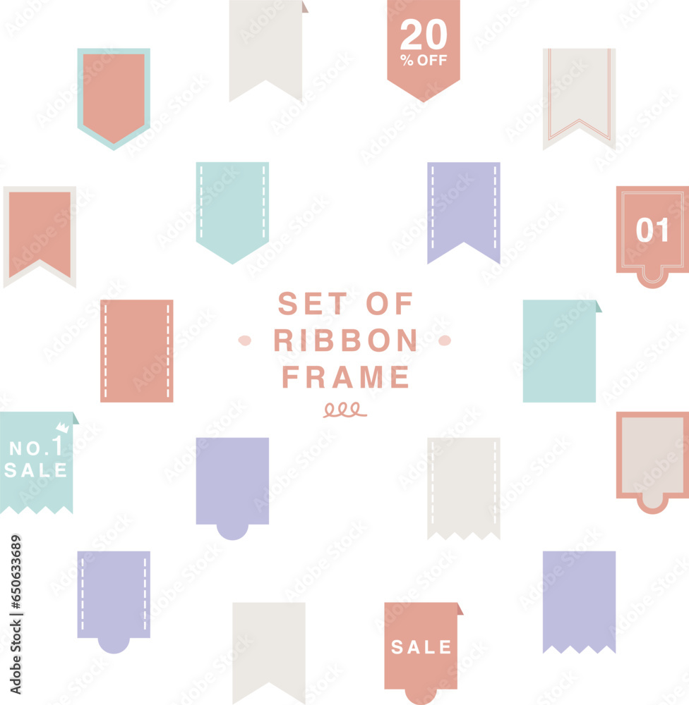 Compilation set of decorative flat pastel vector ribbon frame, memo and tag sticker. For banner, text space, social media, header, sticker, blog, diary Compilation set of decorative flat pastel vector ribbon frame, memo and tag sticker. For banner, text space, social media, header, sticker, blog, diary