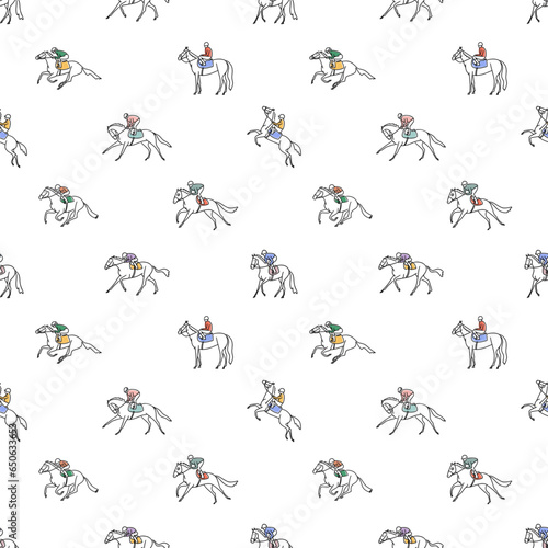 Horse racing seamless pattern. Horse and jockey silhouettes and poses background. Vector illustration