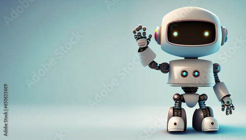 Cute robot waving hand with a smile over minimal background. Generative AI