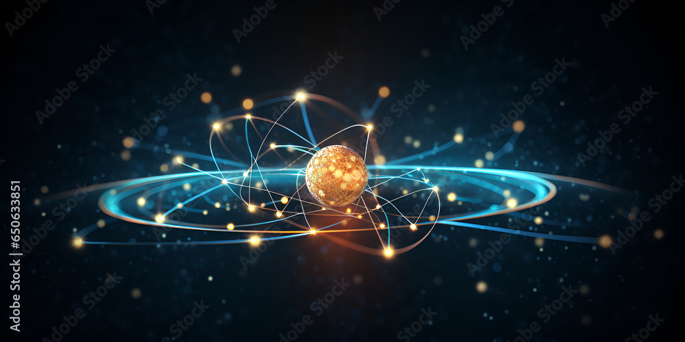 Atomic structure ,Starry Background of Science and Technology AI generated - obrazy, fototapety, plakaty 