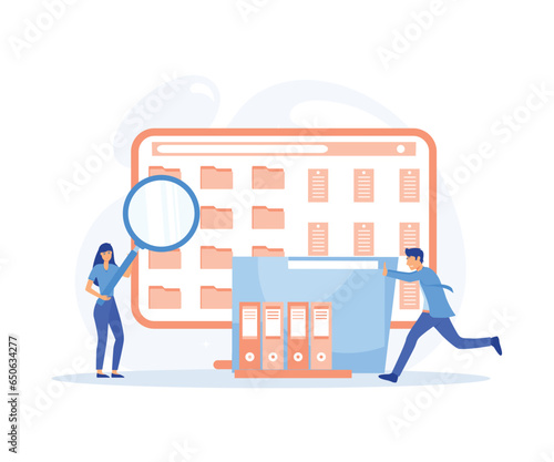 Male worker add files to big folder. Storage and indexing of information,  flat vector modern illustration