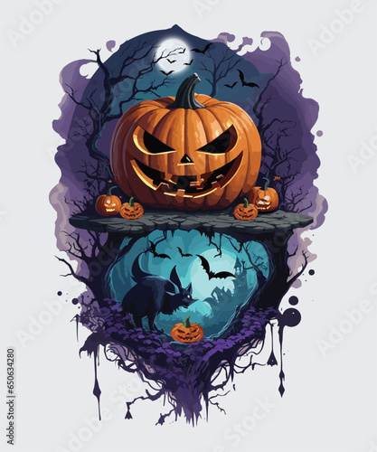 Vector halloween pumpkin design with dead trees and bats background