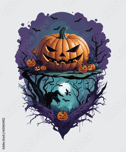 Vector halloween pumpkin design with dead trees and bats background