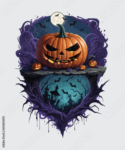 Vector halloween pumpkin design with dead trees and bats background